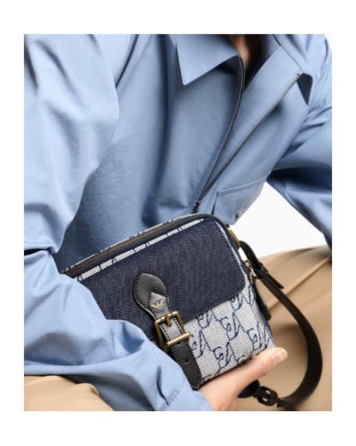 Emporio Armani Blue Monogram Flap Shoulder Bag for men