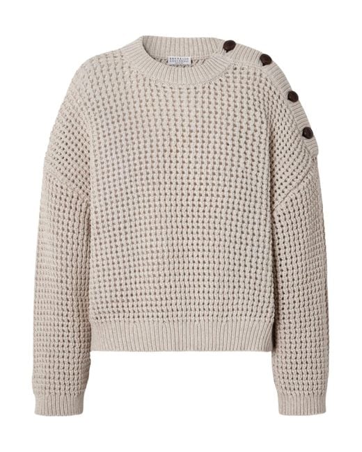 Brunello Cucinelli Brown Button-Detail Waffle-Knit Sweater
