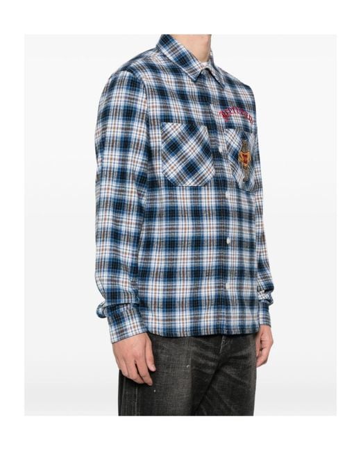 ICECREAM Blue Check-Pattern Logo-Embroidered Shirt for men