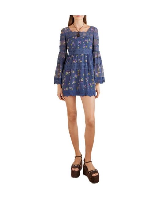 Anna Sui Blue Pleated Floral-Print Lace-Trimmed Chiffon Mini Dress