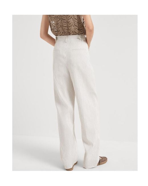 Brunello Cucinelli White Striped Straight-Leg Pants