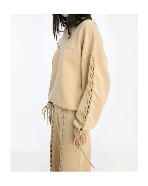 ROTATE BIRGER CHRISTENSEN Natural Lace-Up Sleeve Logo Embroidered Sweatshirt