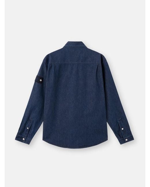 Stone Island Blue Logo Patch Long Sleeved Shirt Jacket for men