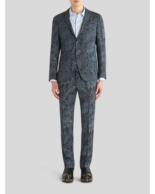Etro Blue V-Neck Floral Printed Blazer for men