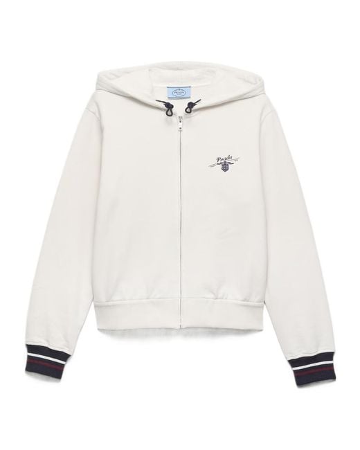 Prada White Cotton Fleece Zipper Hoodie