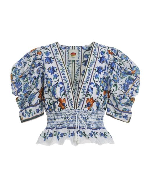 Farm Rio Blue V-Neck Floral-Pattern Top