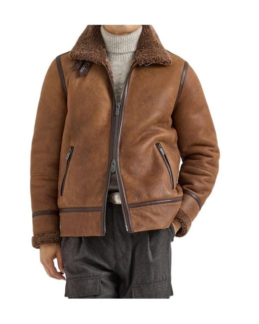 Brunello Cucinelli Brown Shearling Aviator Jacket for men
