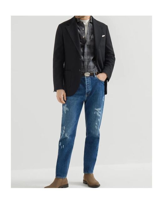 Brunello Cucinelli Black Cashmere Panama Deconstructed Blazer With Patch Pockets for men
