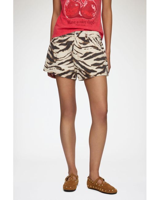 Ganni Natural Zebra Printed Denim Shorts