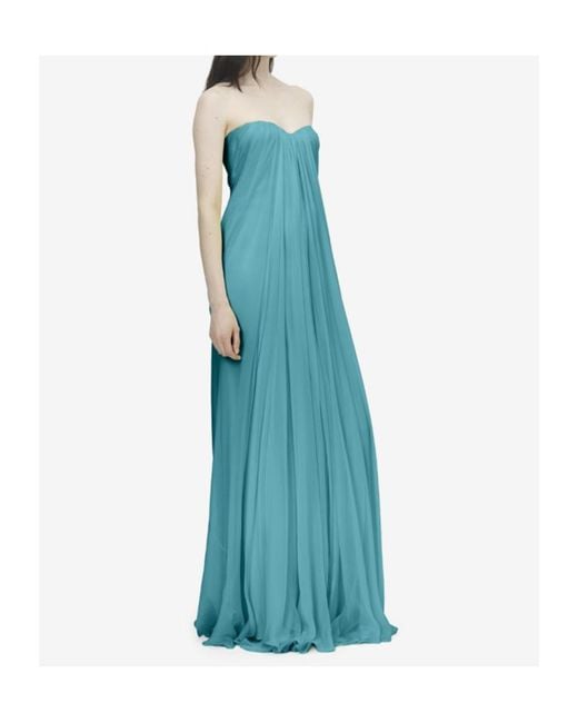 McQueen Blue Strapless Draped Maxi Dress