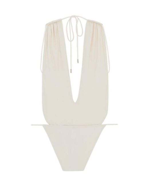 Saint Laurent White Backless V-Halter Swimsuit