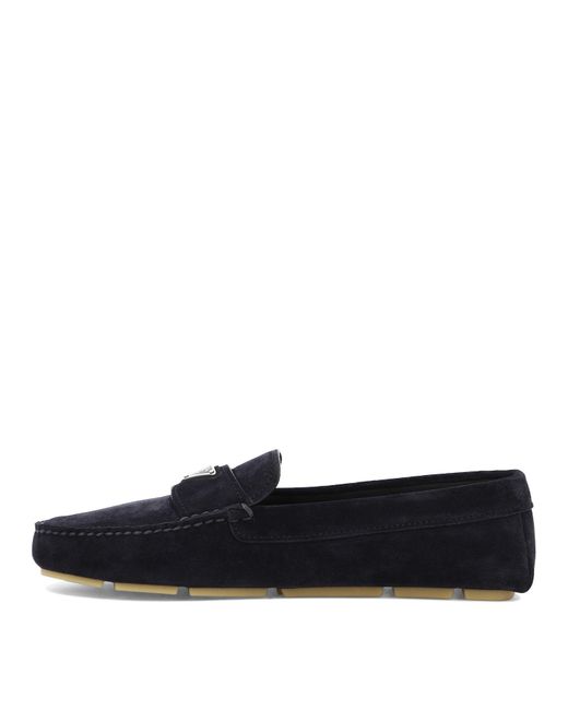 Prada Blue Enamel-Triangle-Logo Suede Loafers for men