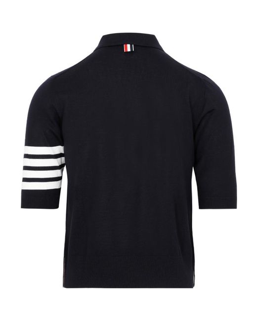 Thom Browne Blue Four-Stripe Wool Short-Sleeved Polo Shirt for men