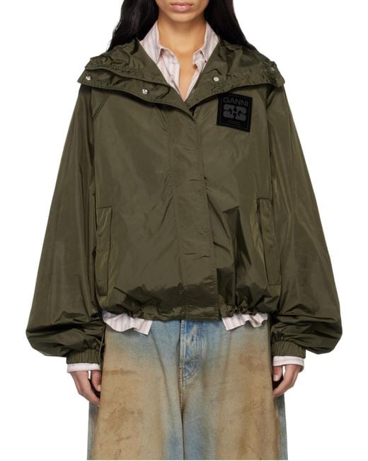 Ganni Green Logo Patch Hooded Jacket