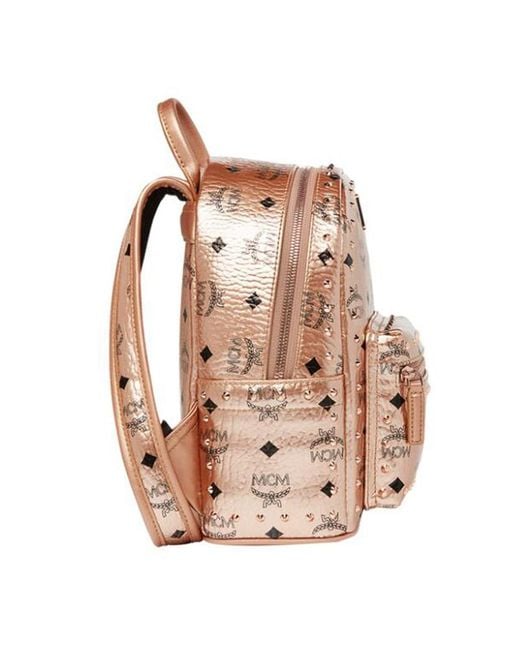 MCM Pink Logo Printed Rivet Backpack