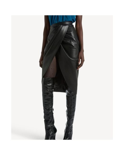 Balmain Black Draped Lambskin Midi Skirt