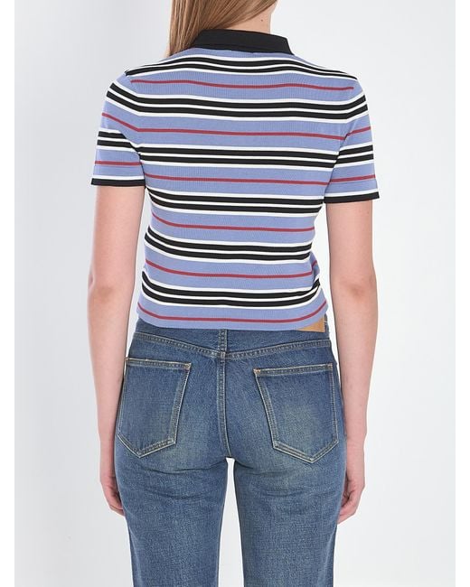 Céline Blue Cotton Knit Polo Shirt With Striped Motif