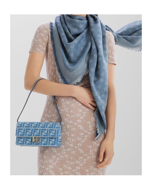 Fendi Blue Ff Jacquard Frayed-Edge Scarf