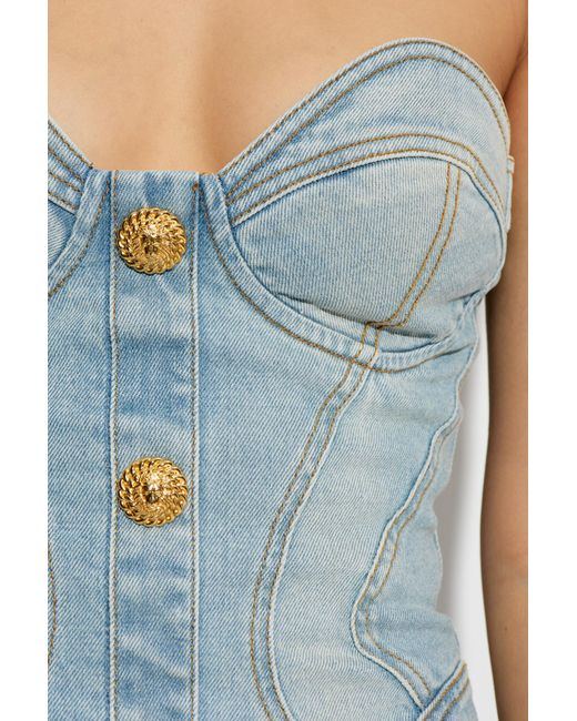 Balmain Blue Strapless Button Detailed Denim Dress