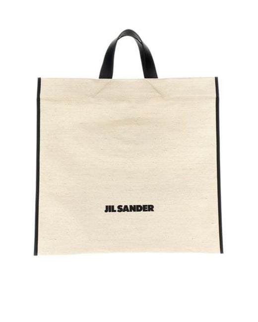 Jil Sander Natural Logo Printed Border Book Tote Square Shopping Bag