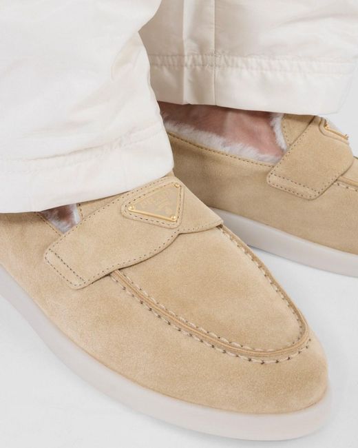Prada Natural Triangle-Logo Slip-On Loafers