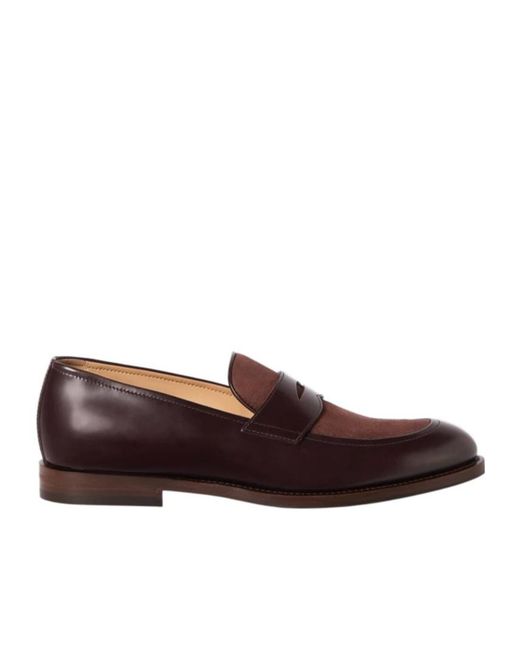 Brunello Cucinelli Brown Polished Calfskin And Suede Penny Loafers for men