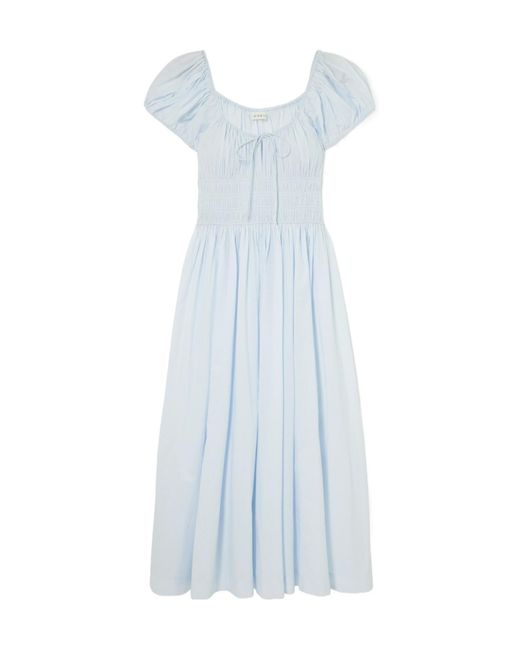 Doen Blue Quinn Tie-Detailed Shirred Organic Cotton-Poplin Midi Dress