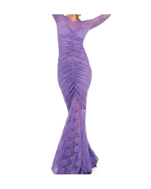 Norma Kamali Purple V Neck Shirred Front Fishtail Gown
