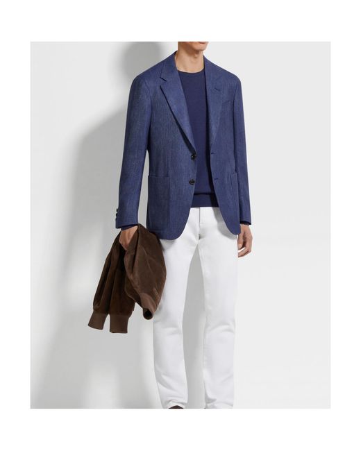 Zegna Blue Ink Silk Cashmere And Linen Jacket for men