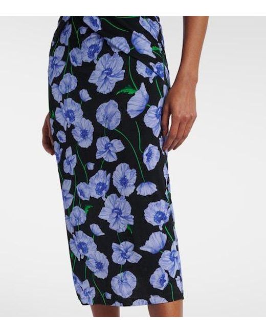 Carolina Herrera Blue Floral Gathered Midi Dress