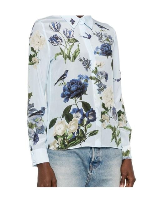 Alice + Olivia Blue Floral-Print Long-Sleeve Shirt