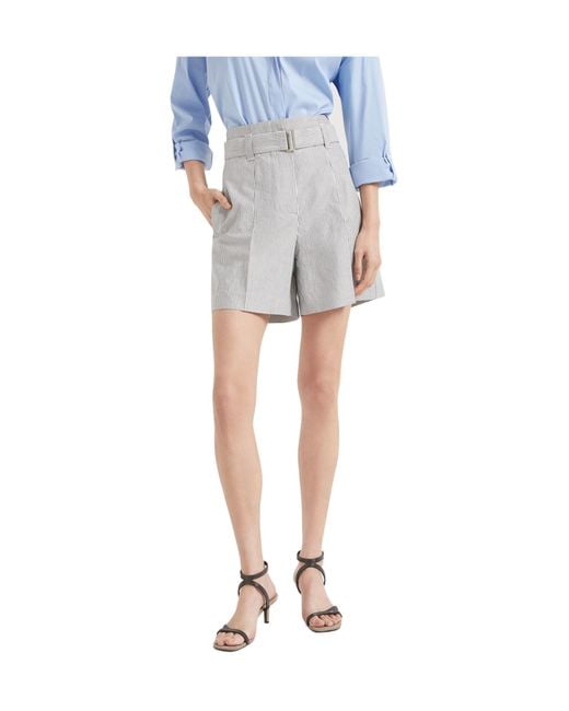 Brunello Cucinelli Blue Monili-Embellished Striped Shorts