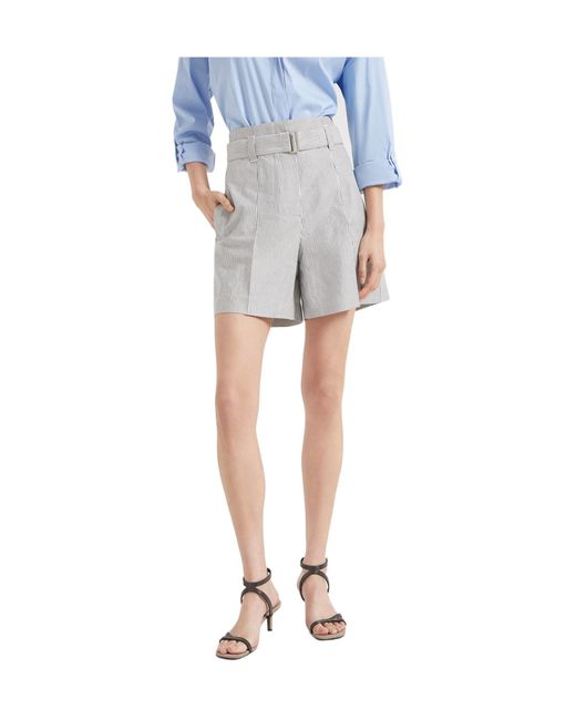 Brunello Cucinelli Blue Monili-Embellished Striped Shorts