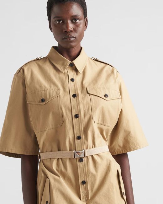 Prada Natural Short-Sleeved Belted Jumpsuit