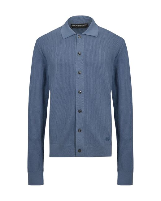 Dolce & Gabbana Blue Vertical Rib Knit Shirt With Polo Collar for men