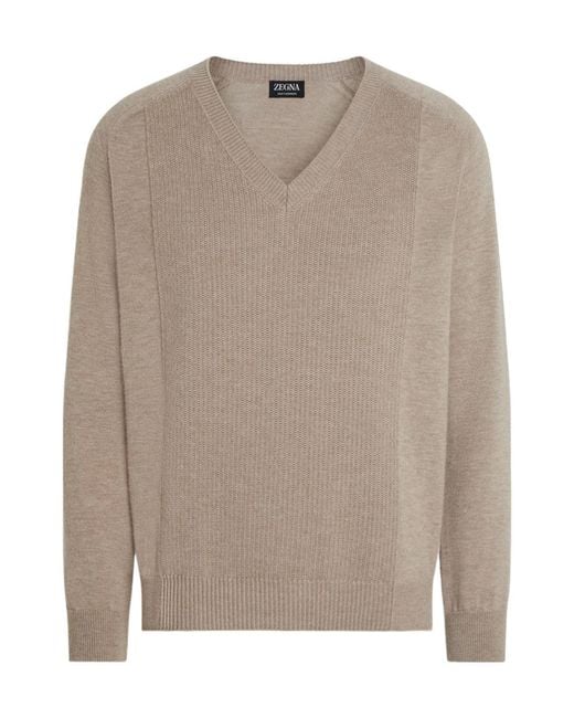 Zegna Brown Oasi V-Neck Ribbed Cashmere Sweater for men