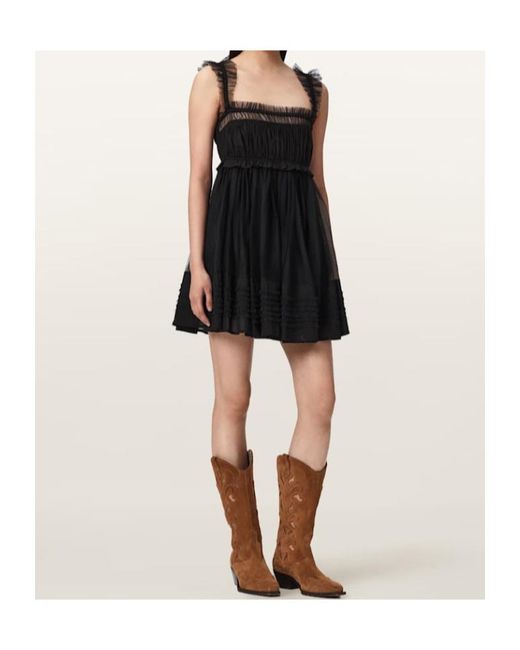 AllSaints Black Angela Gathered Frill Mini Dress