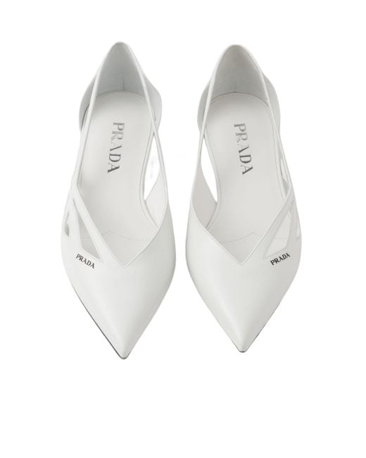 Prada White Pointed-Toe Cut-Out Detailed Ballerinas