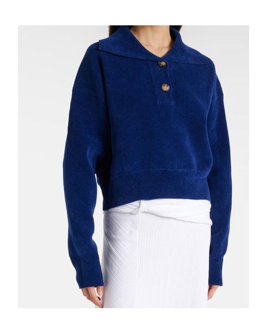 Victoria Beckham Blue Cropped Cotton-Blend Velvet Sweatshirt