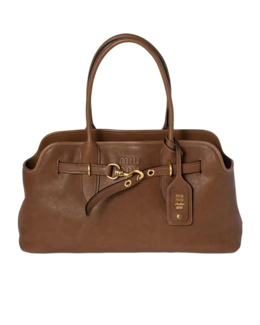 【MIU MIU】LOGO TOTE BAG Miu Miu logo-print Tote Bag | Neutrals | FARFETCH
