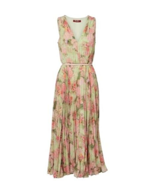 Max Mara Metallic Floral Plissé Georgette Midi Dress