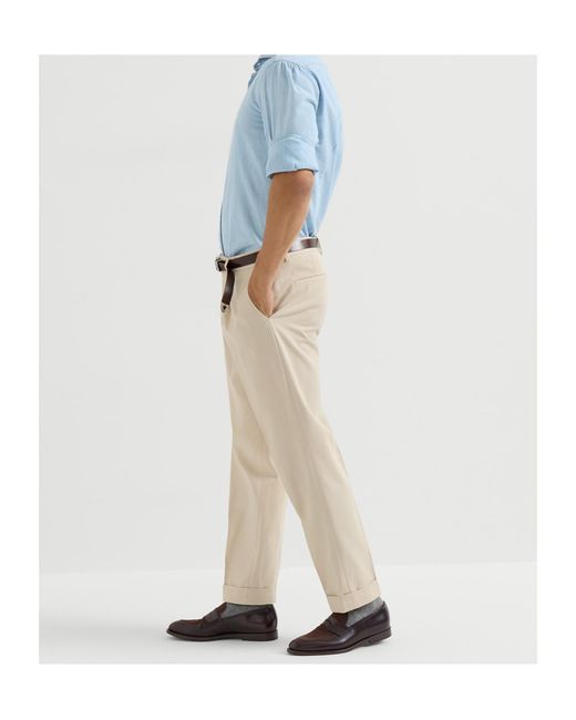 Brunello Cucinelli Natural Cotton And Virgin Wool Gabardine Trousers With Pleat for men