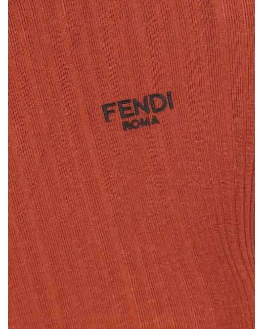 Fendi Orange Ribbed Knit Crew Neck Top With Wave Hem And Logo Embroidery