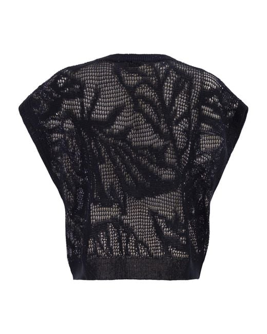 Brunello Cucinelli Black Openwork Knit Top With Sequins