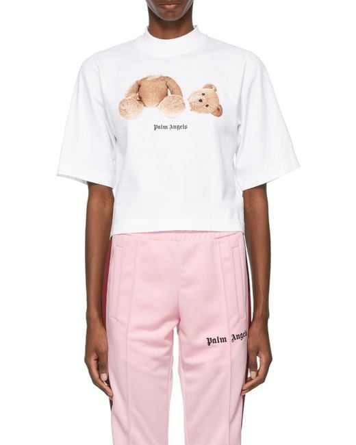 Palm Angels White Bear Print Cropped T-Shirt