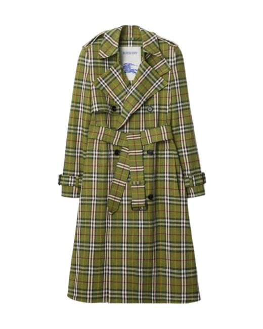 Burberry Green Double Breasted Belted Checked Coat