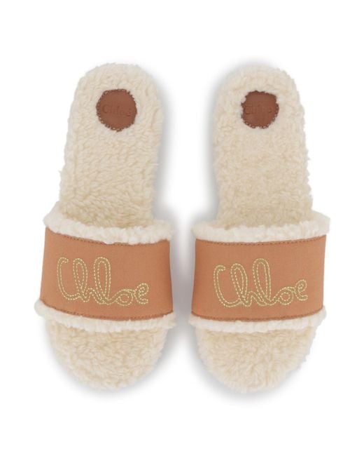 Chloé White Shearling-Effect Logo-Embroidered Sandals