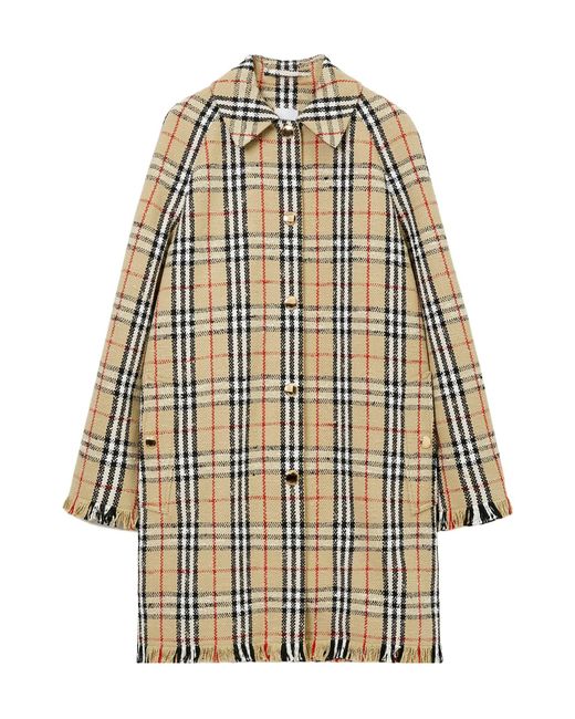 Burberry Natural Checked Fringed-Edge Buttoned Coat