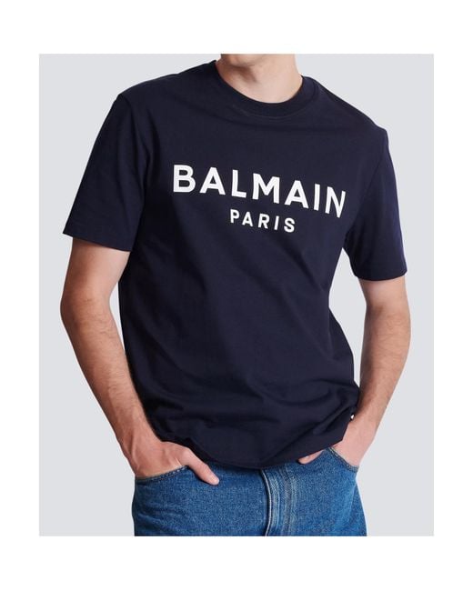 Balmain Blue Logo Printed Crewneck T-Shirt for men