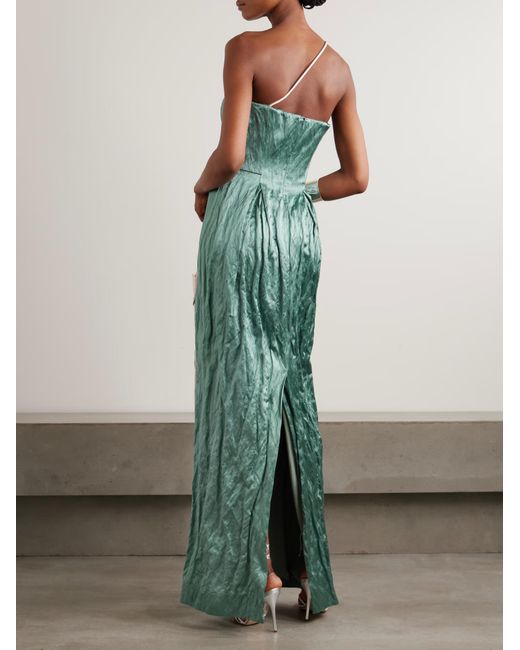 Erdem Green One-Shoulder Beaded Appliqué Pleated Dress